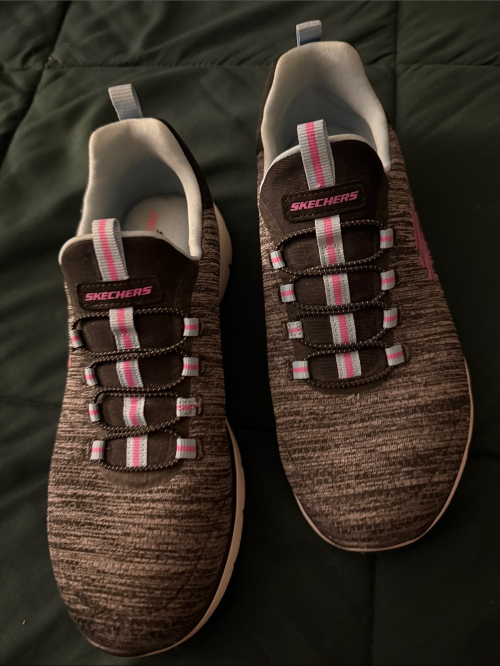 Skechers Charcoal Knit Slip-On Sneakers with Pink Trim